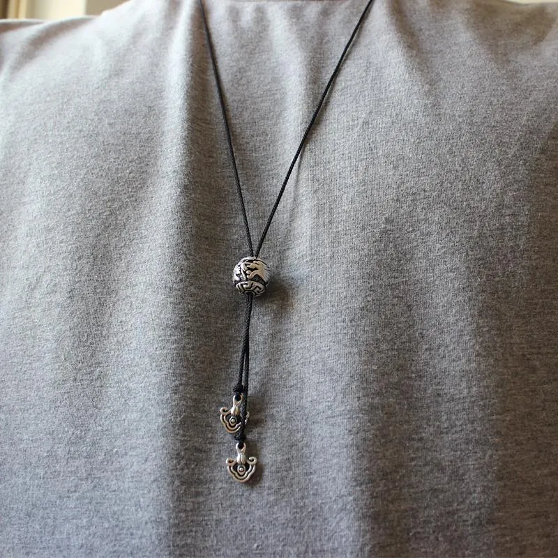 Tibetan White Copper Bat/Dragon Longevity Amulet Necklace