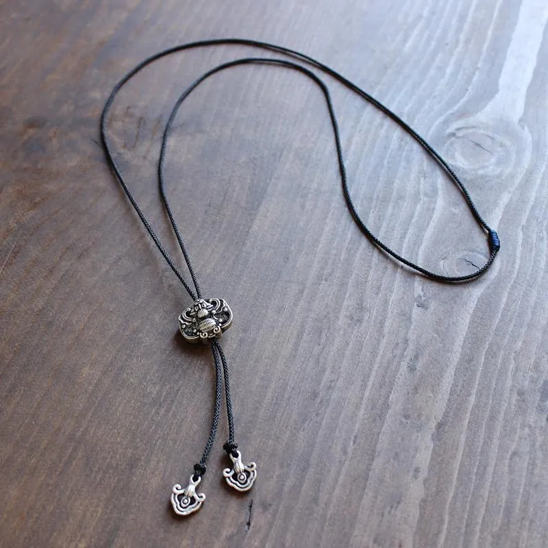 Tibetan White Copper Bat/Dragon Longevity Amulet Necklace