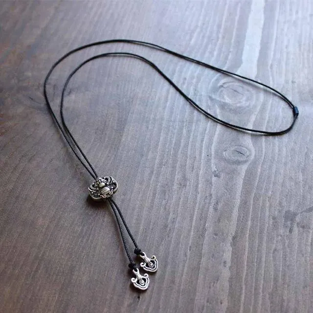 Tibetan White Copper Bat/Dragon Longevity Amulet Necklace