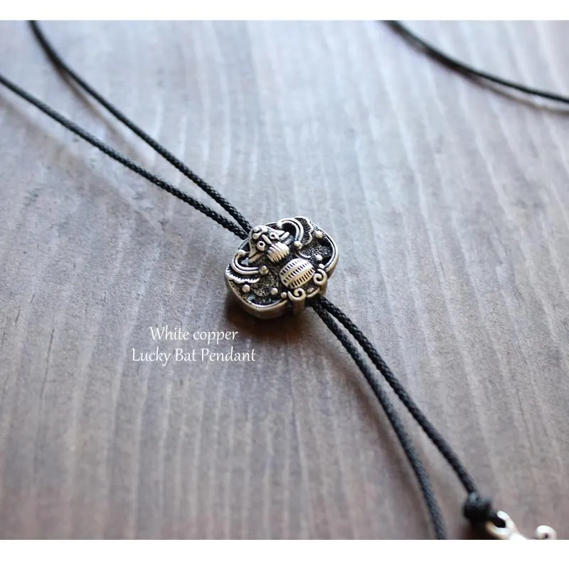 Tibetan White Copper Bat/Dragon Longevity Amulet Necklace