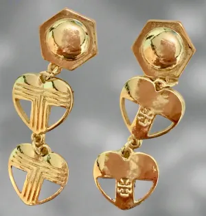 Tory Burch Unique Heart Long Earrings with Kira Logo And Tory Logo in Gold Plated