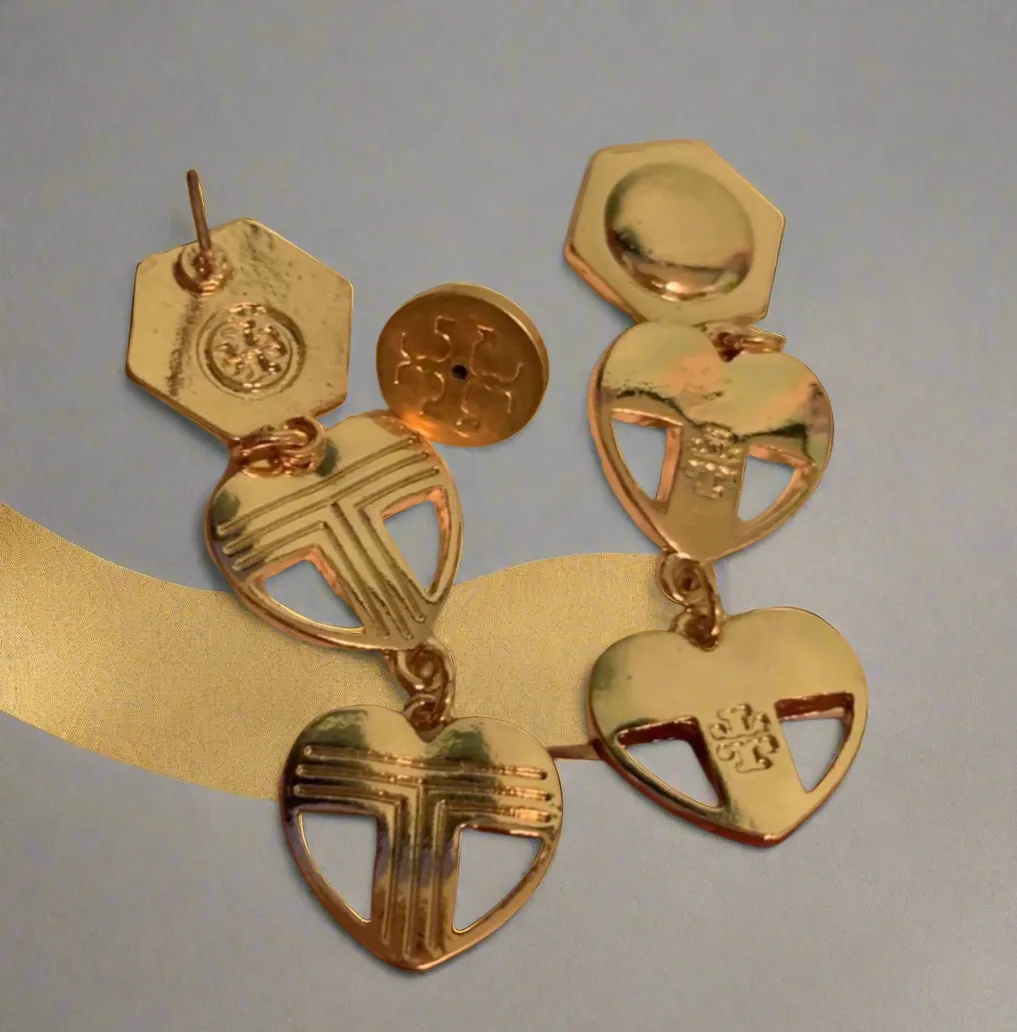 Tory Burch Unique Heart Long Earrings with Kira Logo And Tory Logo in Gold Plated