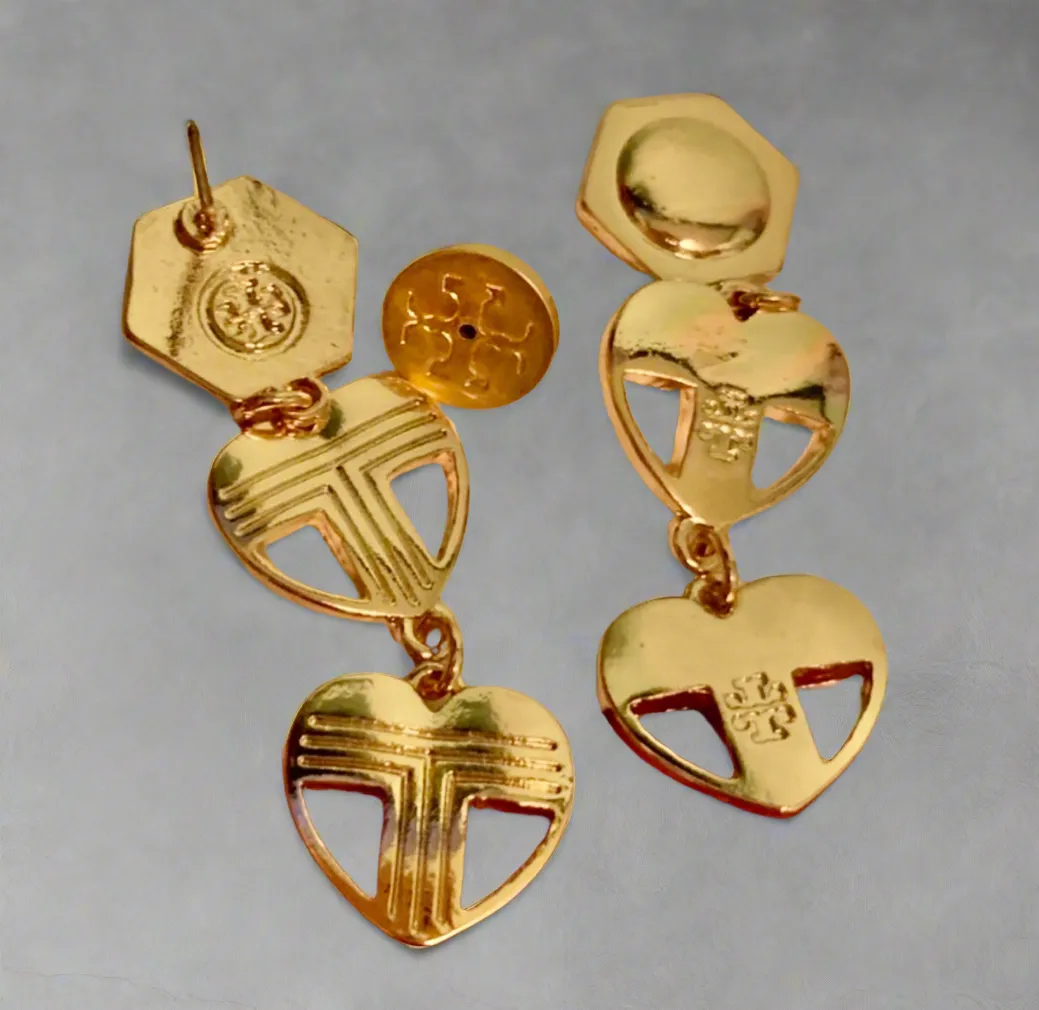 Tory Burch Unique Heart Long Earrings with Kira Logo And Tory Logo in Gold Plated