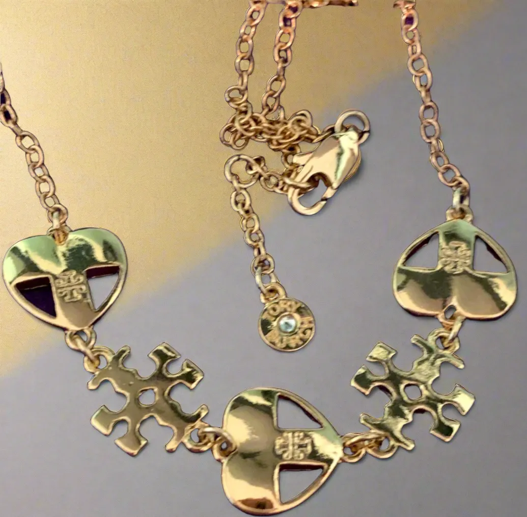 Tory Burch Unique Heart Long Necklace with Kira Logo And Tory Logo in Gold Plated