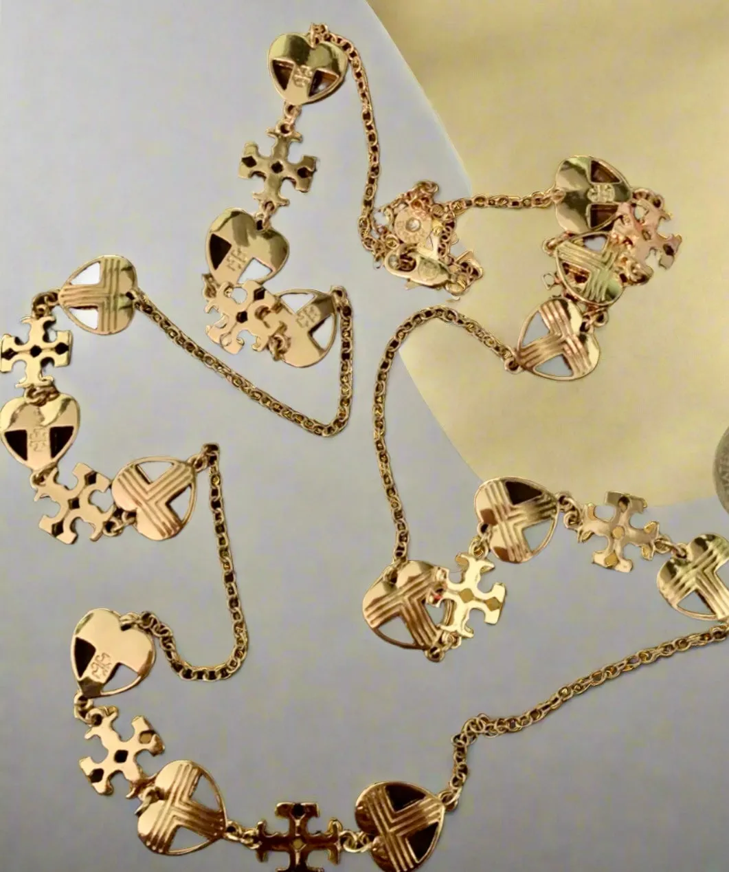Tory Burch Unique Heart Long Necklace with Kira Logo And Tory Logo in Gold Plated