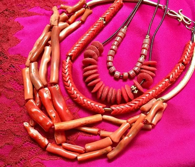 Vintage Red   White Striped Beads on Leather