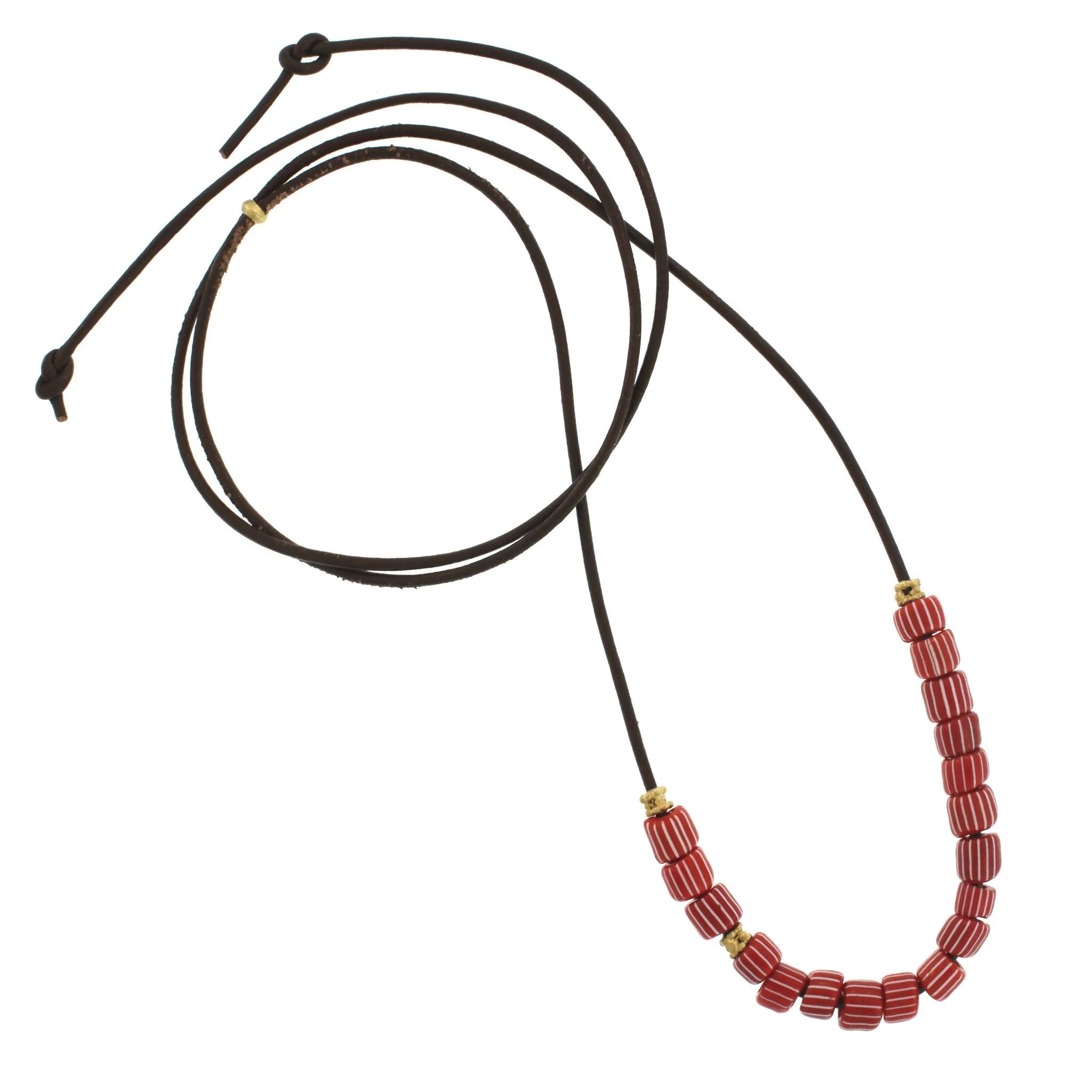 Vintage Red   White Striped Beads on Leather