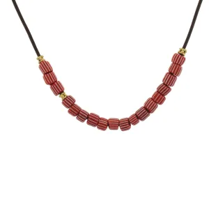 Vintage Red   White Striped Beads on Leather