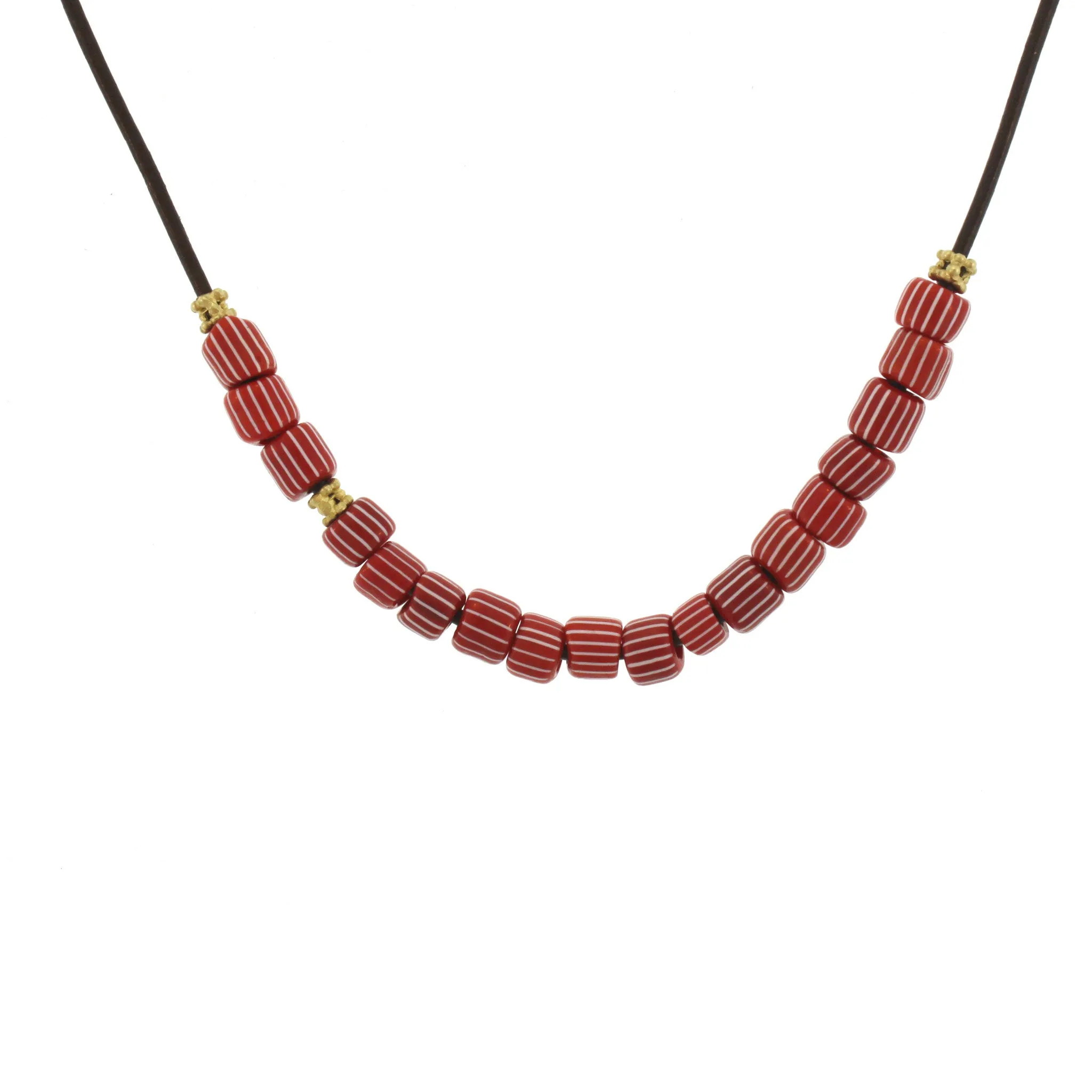 Vintage Red   White Striped Beads on Leather