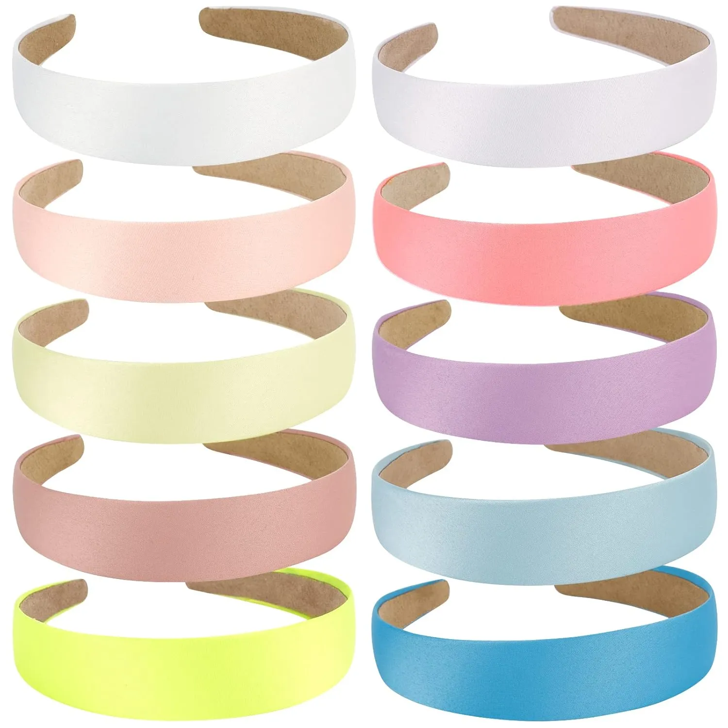 Wecoe Headbands, 10 Pack Satin Headbands Women 1.3 Inch Wide Non Slip Fashion Headbands, Hair Bands for Girls DIY Short Hair Accessories, Plain Headbands in White, Pink, Purple, Blue, Colorful