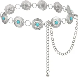Women Western Metal Chain Belt Concho Belt Cowgirl Waist Link for Jeans Dresses Concert Boho