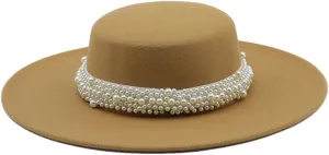 Women's Chain Flat Top Fedora Hats Big Brim Boater Top Hat for Party Wedding Brown Gray 56to58cm