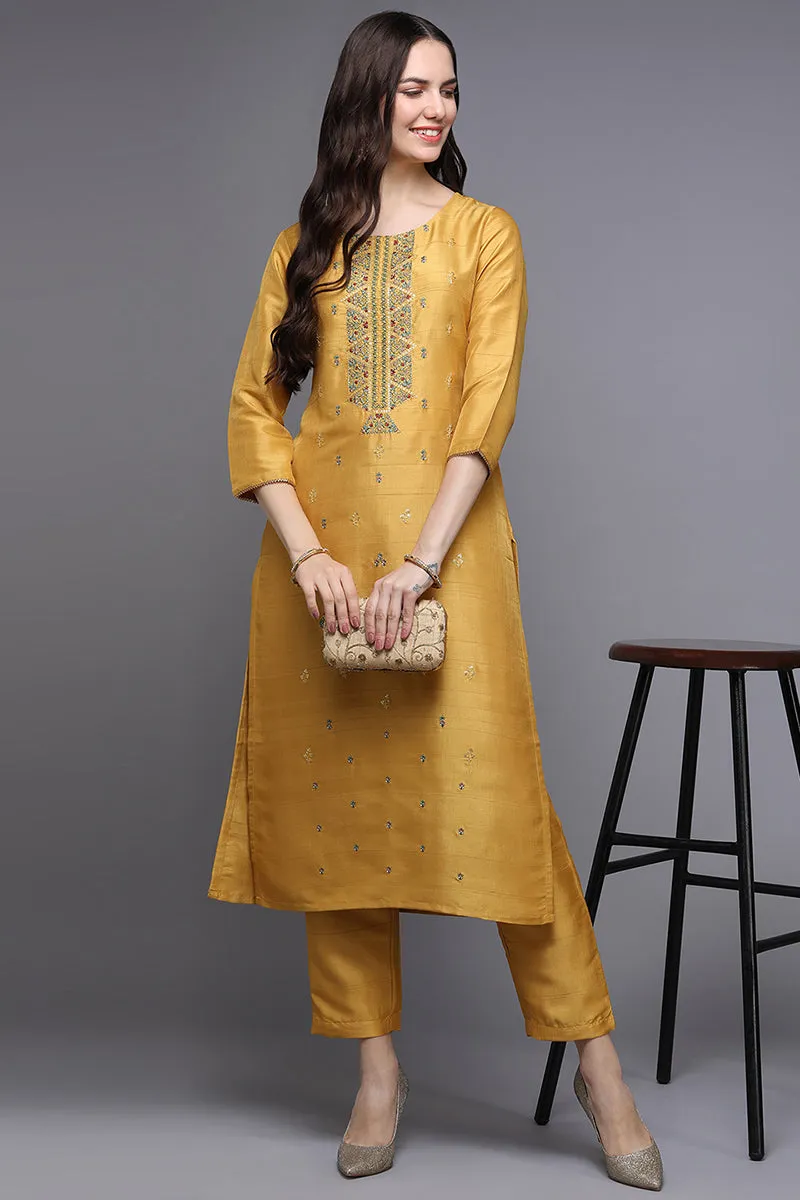 Yellow Silk Blend Ethnic Motifs Straight Kurta