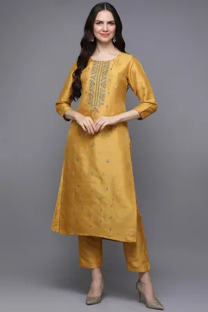Yellow Silk Blend Ethnic Motifs Straight Kurta