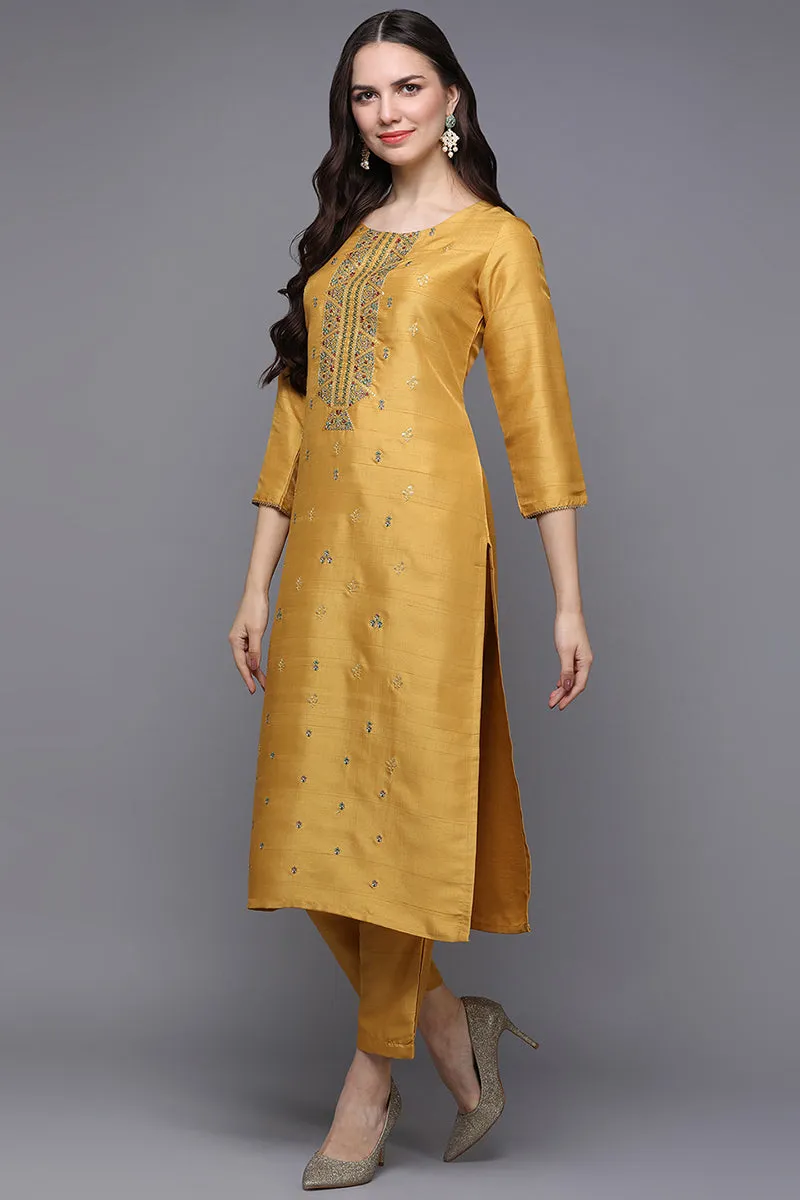 Yellow Silk Blend Ethnic Motifs Straight Kurta