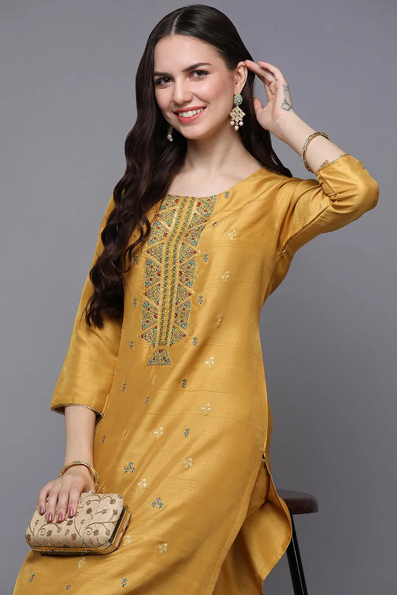 Yellow Silk Blend Ethnic Motifs Straight Kurta